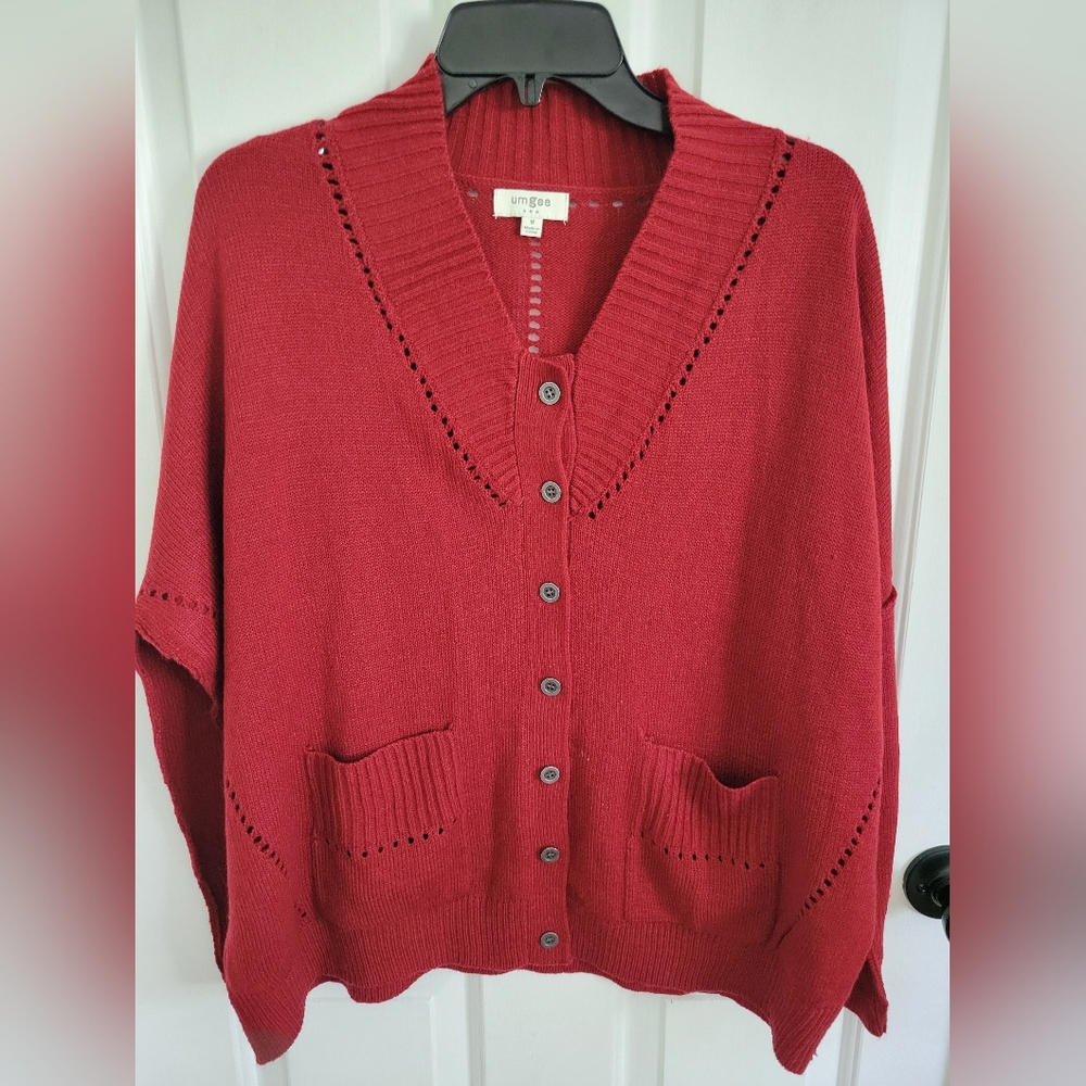 Umgee Womens Red Button Front Knit Cardigan Sweater Pockets Size Medium